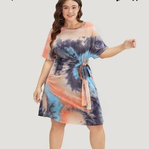 Pink and Blue Knee-Length Wrap Skirt with Tie Front